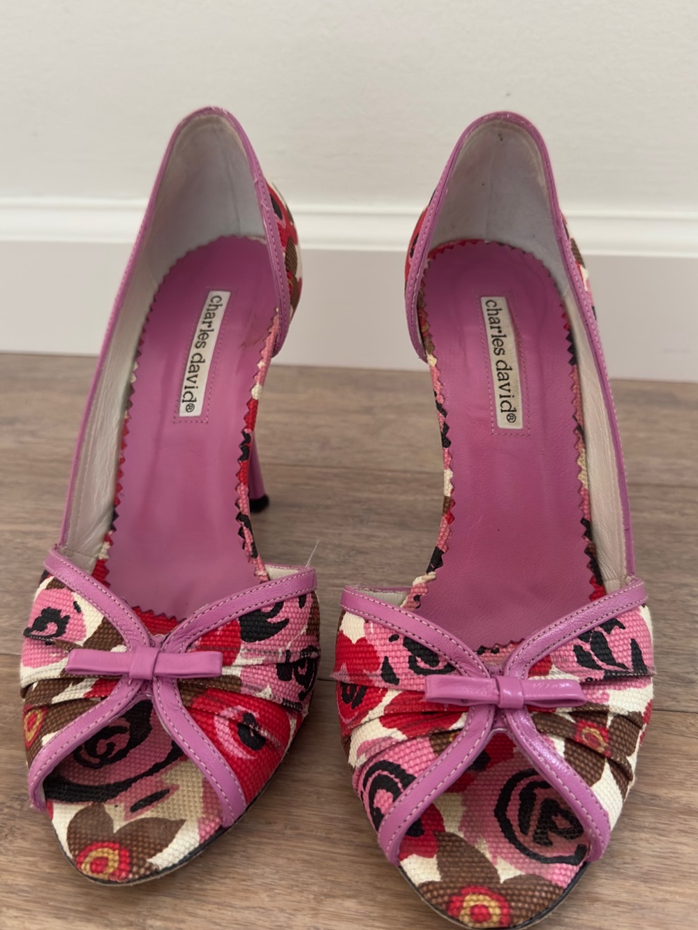 Charles David Pink & Red Floral Peep-Toe Heels